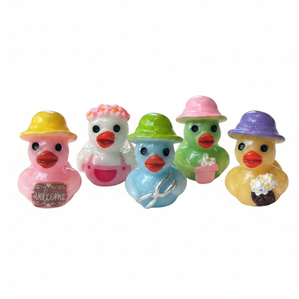 Set of 5, Spring Gardening Themed Mini Resin Ducks, Magnetic or Non-Magnetic, Optional Personalized Duck Hiding Tags