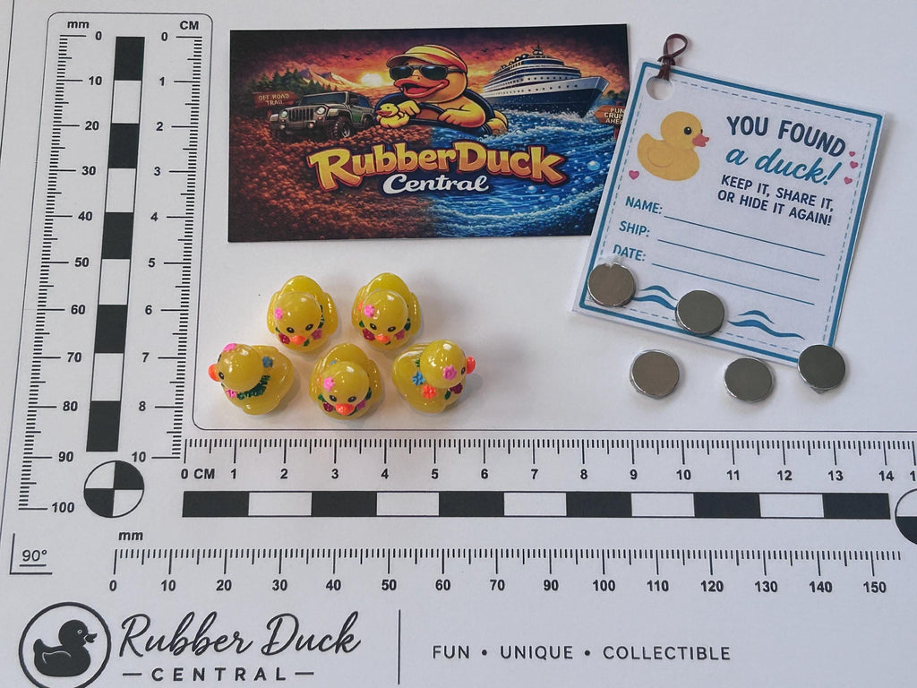 Set of 5, Hawaiian Lei Themed Mini Resin Ducks, Magnetic or Non-Magnetic, Optional Personalized Duck Hiding Tags