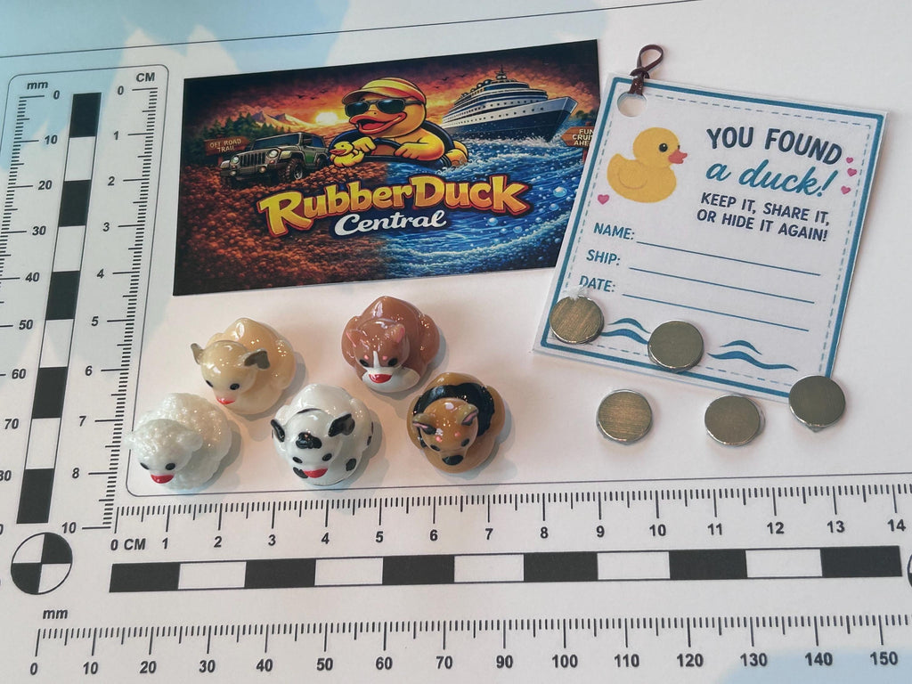 Set of 5, Puppy Dog Themed Mini Resin Ducks, Magnetic or Non-Magnetic, Optional Personalized Duck Hiding Tags