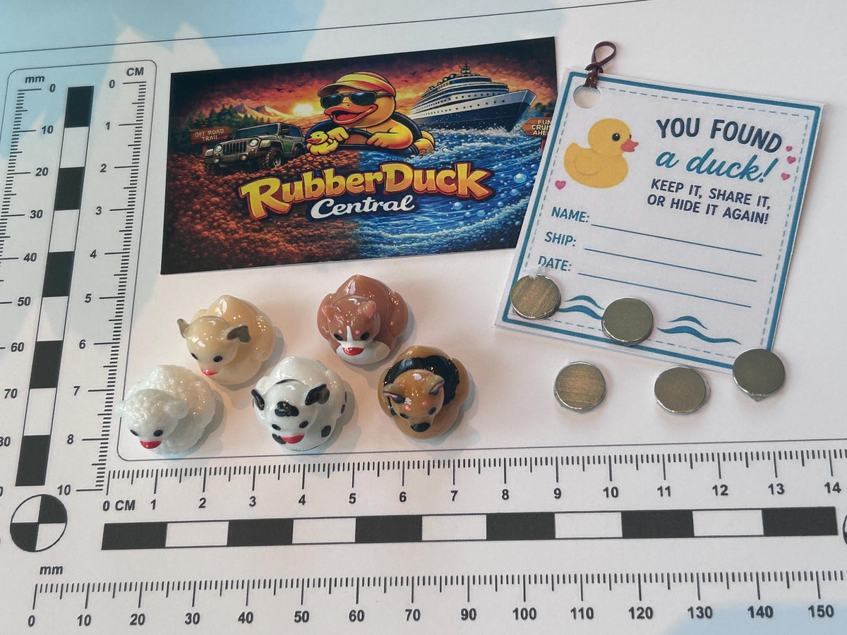 Set of 5, Puppy Dog Themed Mini Resin Ducks, Magnetic or Non-Magnetic, Optional Personalized Duck Hiding Tags