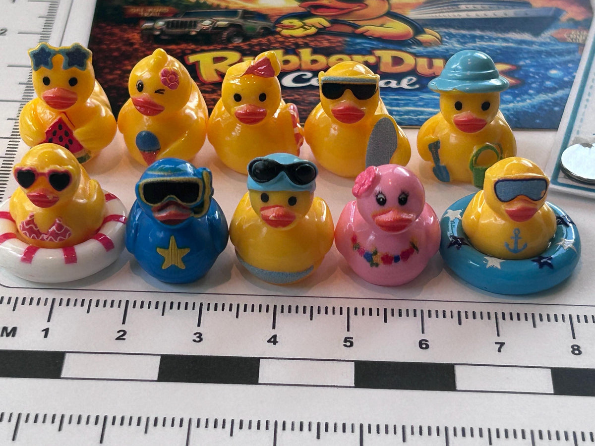 Set of 10, Beach Summer Vacation Themed Mini Resin Ducks, Magnetic or Non-Magnetic, Optional Personalized Duck Hiding Tags
