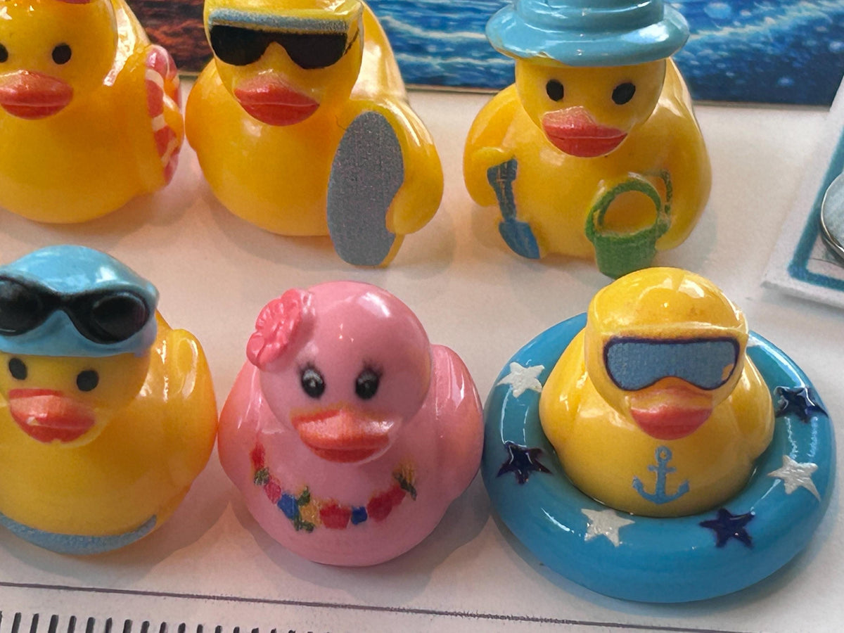 Set of 10, Beach Summer Vacation Themed Mini Resin Ducks, Magnetic or Non-Magnetic, Optional Personalized Duck Hiding Tags