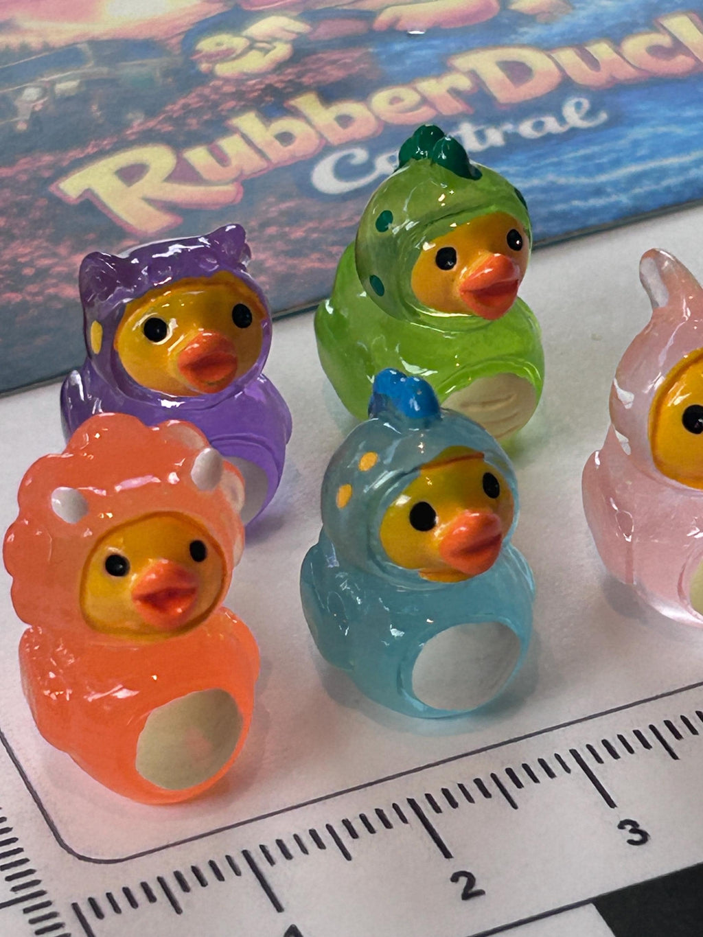 Set of 5, Glow-in-the-Dark Dinosaur Themed Mini Resin Ducks, Magnetic or Non-Magnetic, Optional Personalized Duck Hiding Tags