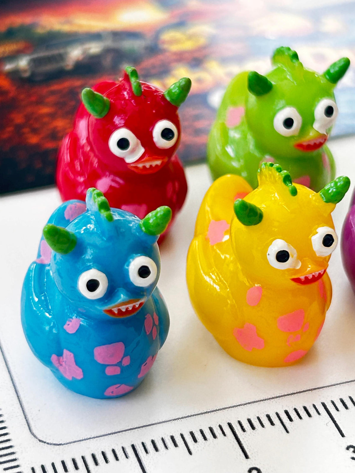 Set of 5, Colorful Monster Themed Mini Resin Ducks, Magnetic or Non-Magnetic, Optional Personalized Duck Hiding Tags