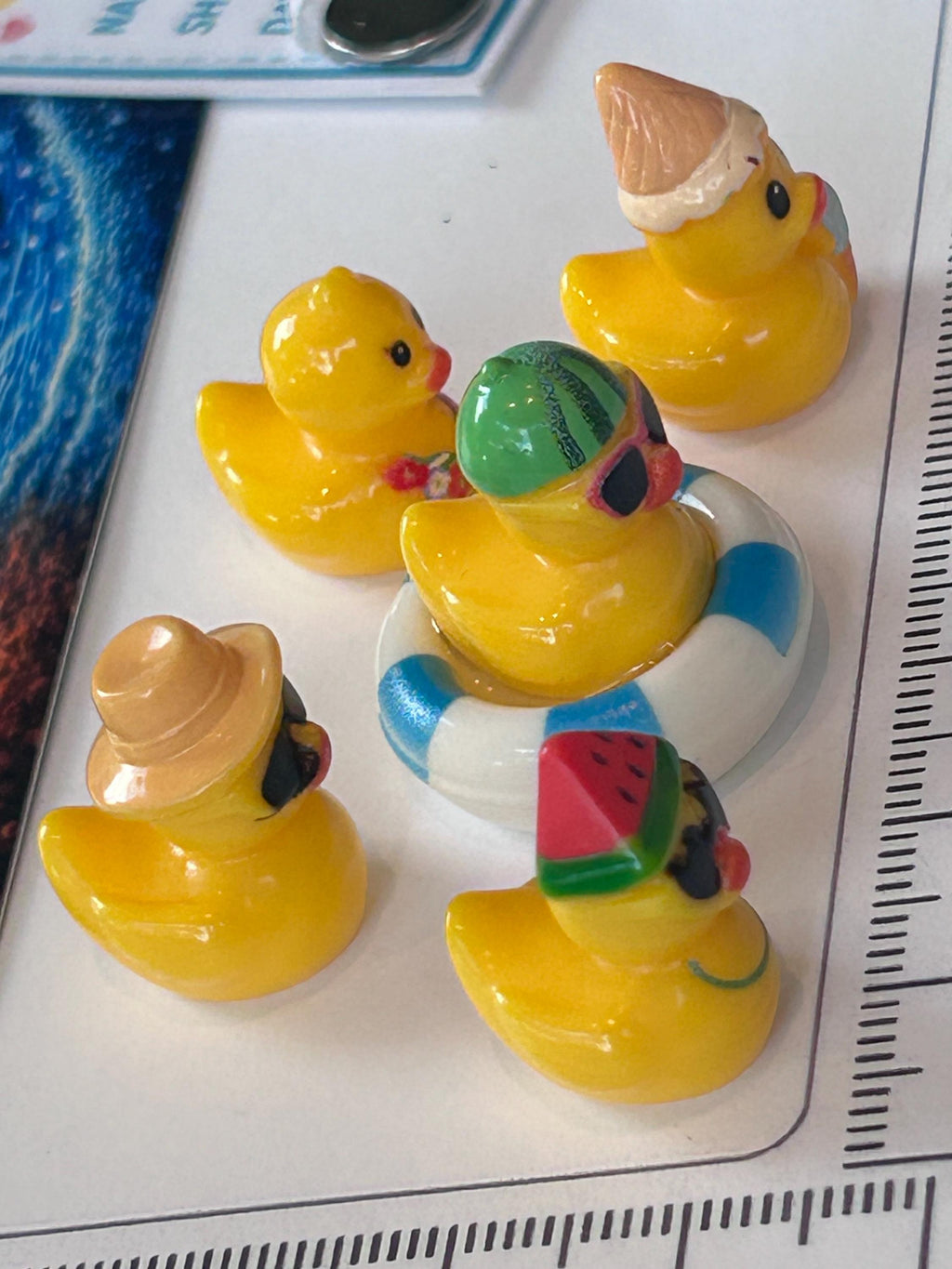 Set of 5, Summertime Fun Themed Mini Resin Ducks, Magnetic or Non-Magnetic, Optional Personalized Duck Hiding Tags