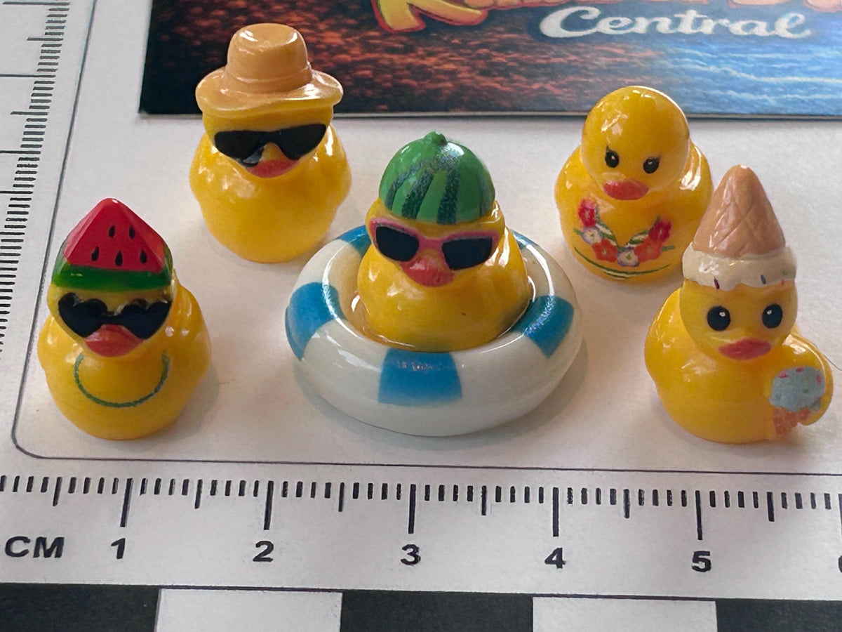 Set of 5, Summertime Fun Themed Mini Resin Ducks, Magnetic or Non-Magnetic, Optional Personalized Duck Hiding Tags