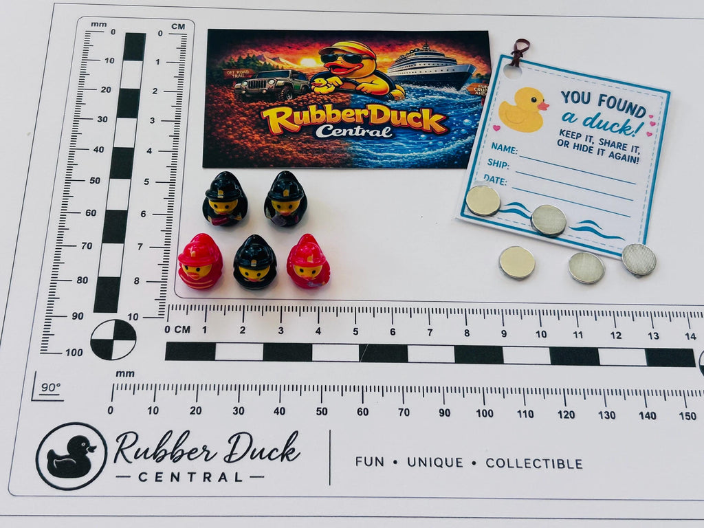 Set of 5, Fireman Themed Mini Resin Ducks, Magnetic or Non-Magnetic, Optional Personalized Duck Hiding Tags