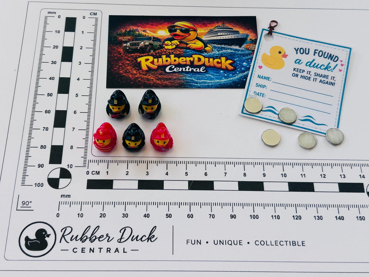 Set of 5, Fireman Themed Mini Resin Ducks, Magnetic or Non-Magnetic, Optional Personalized Duck Hiding Tags