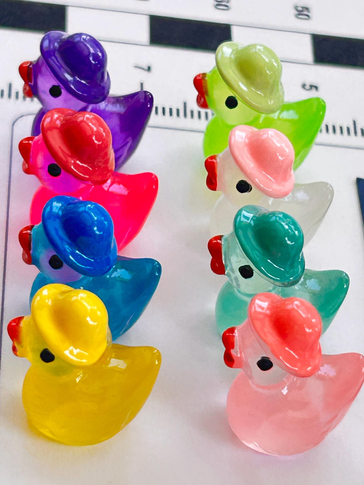 Set of 8, Glow-in-the-Dark Spring Hat Themed Mini Resin Ducks, Magnetic or Non-Magnetic, Optional Personalized Duck Hiding Tags