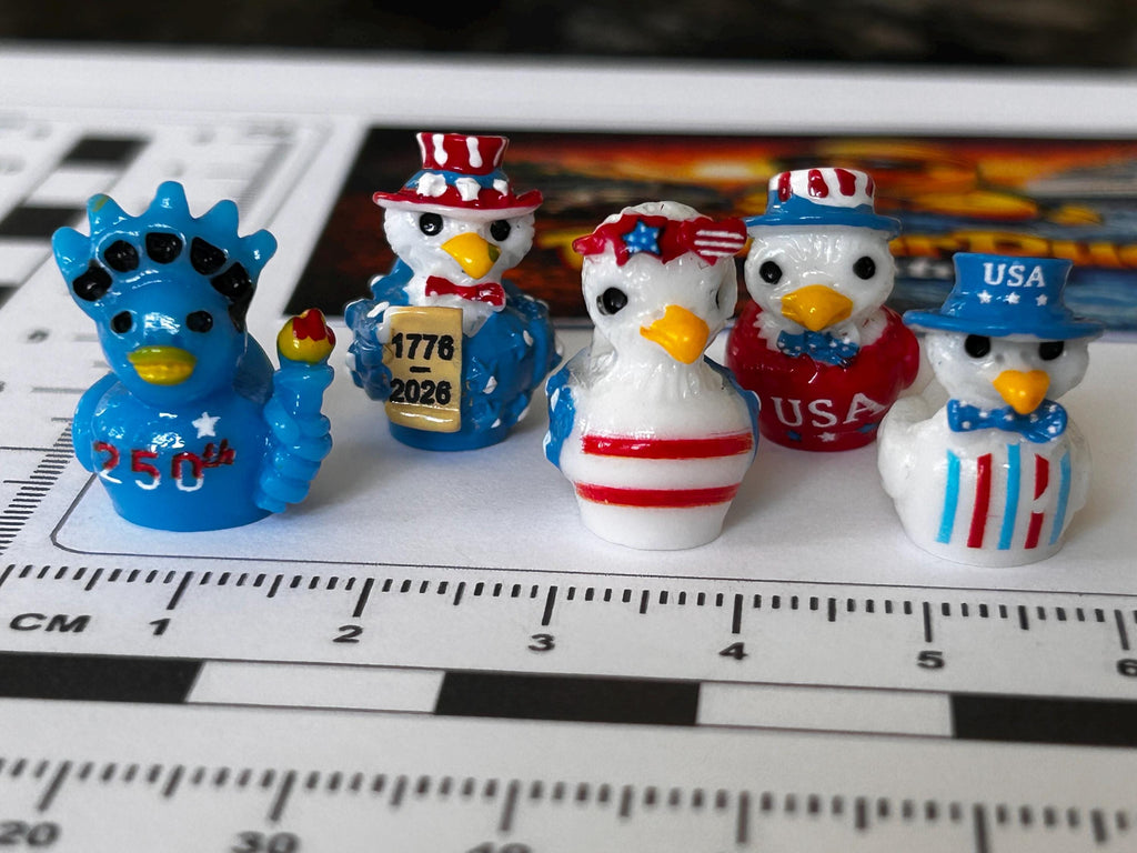 Set of 5, Festive Patriotic Themed Mini Resin Ducks, Magnetic or Non-Magnetic, Optional Personalized Duck Hiding Tags
