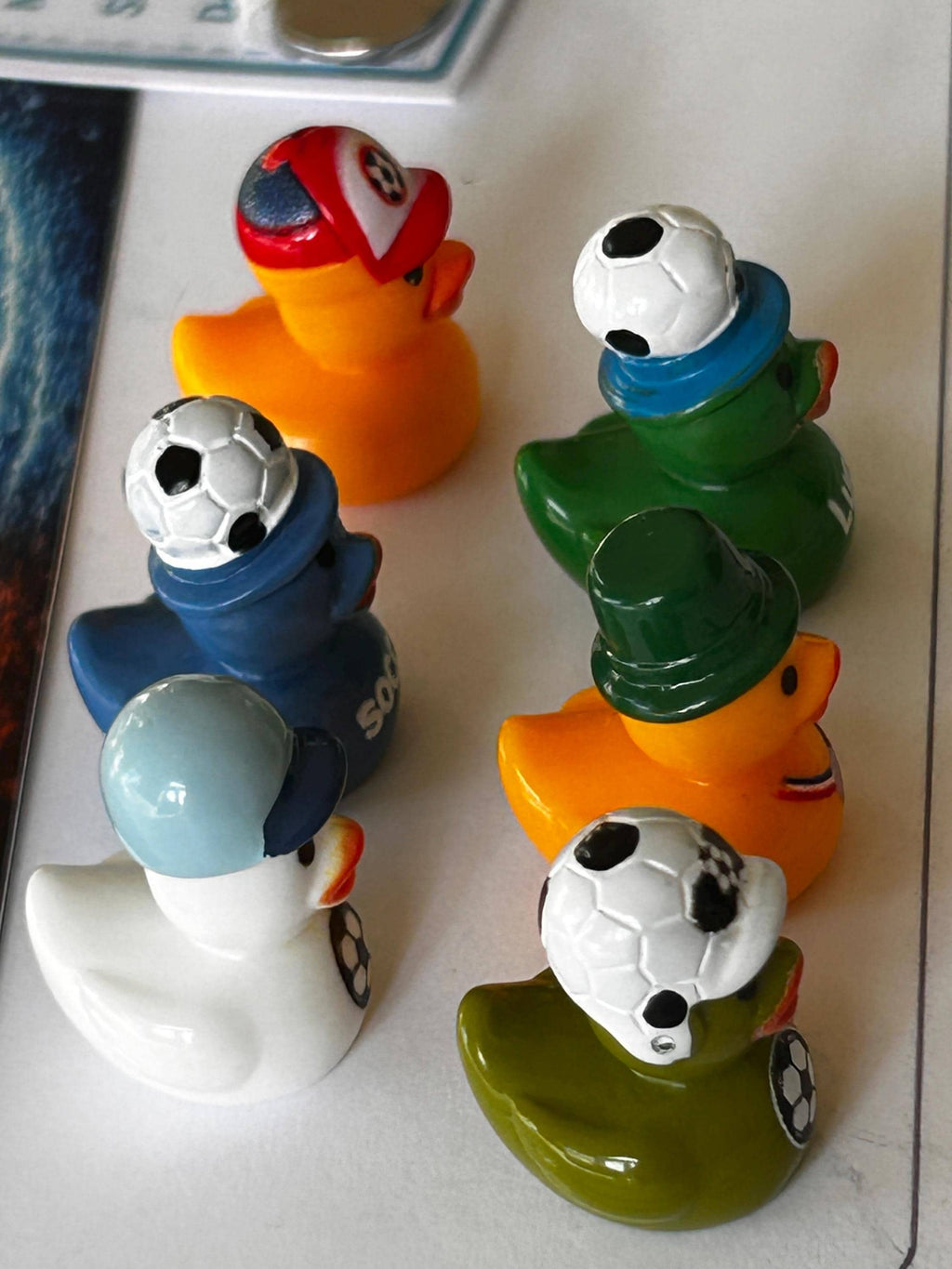 Set of 6, Soccer Player Themed Mini Resin Ducks, Magnetic or Non-Magnetic, Optional Personalized Duck Hiding Tags