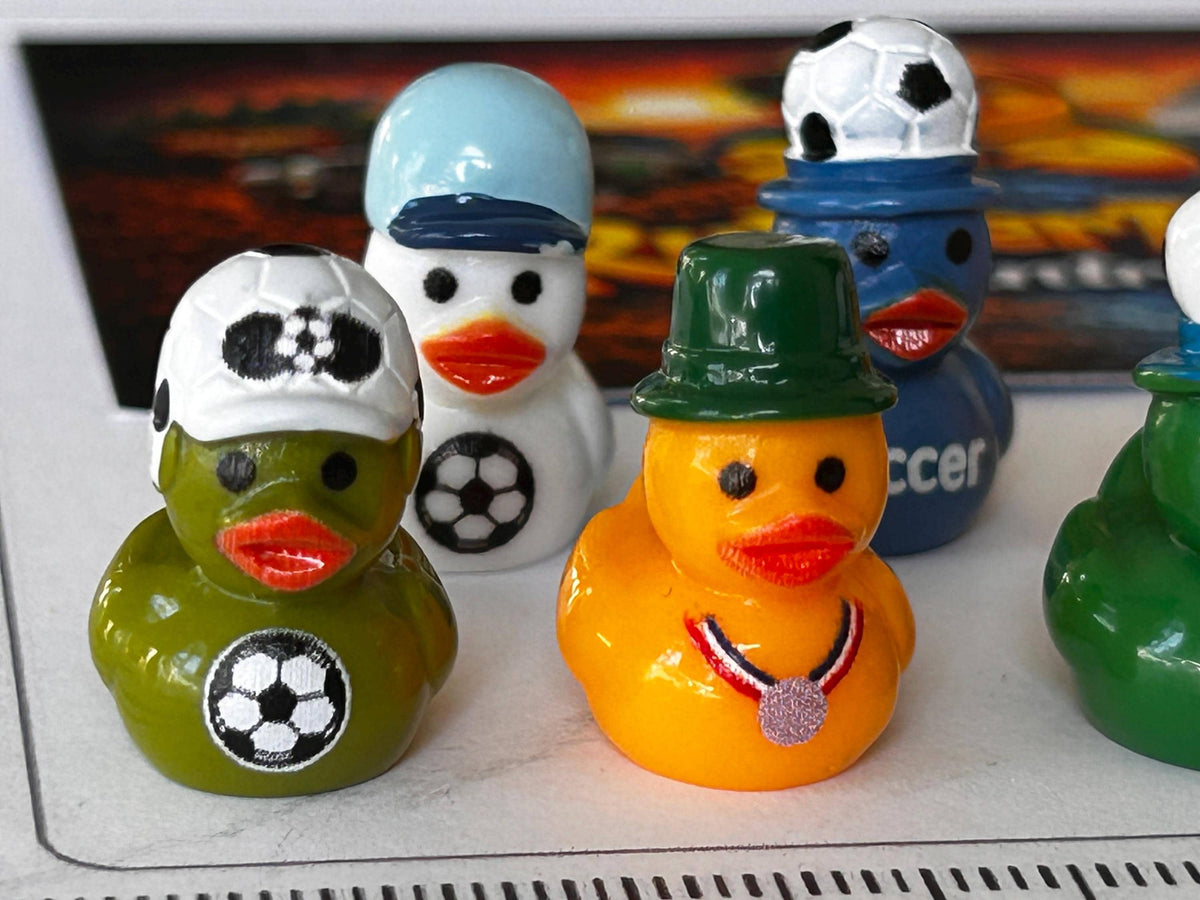 Set of 6, Soccer Player Themed Mini Resin Ducks, Magnetic or Non-Magnetic, Optional Personalized Duck Hiding Tags