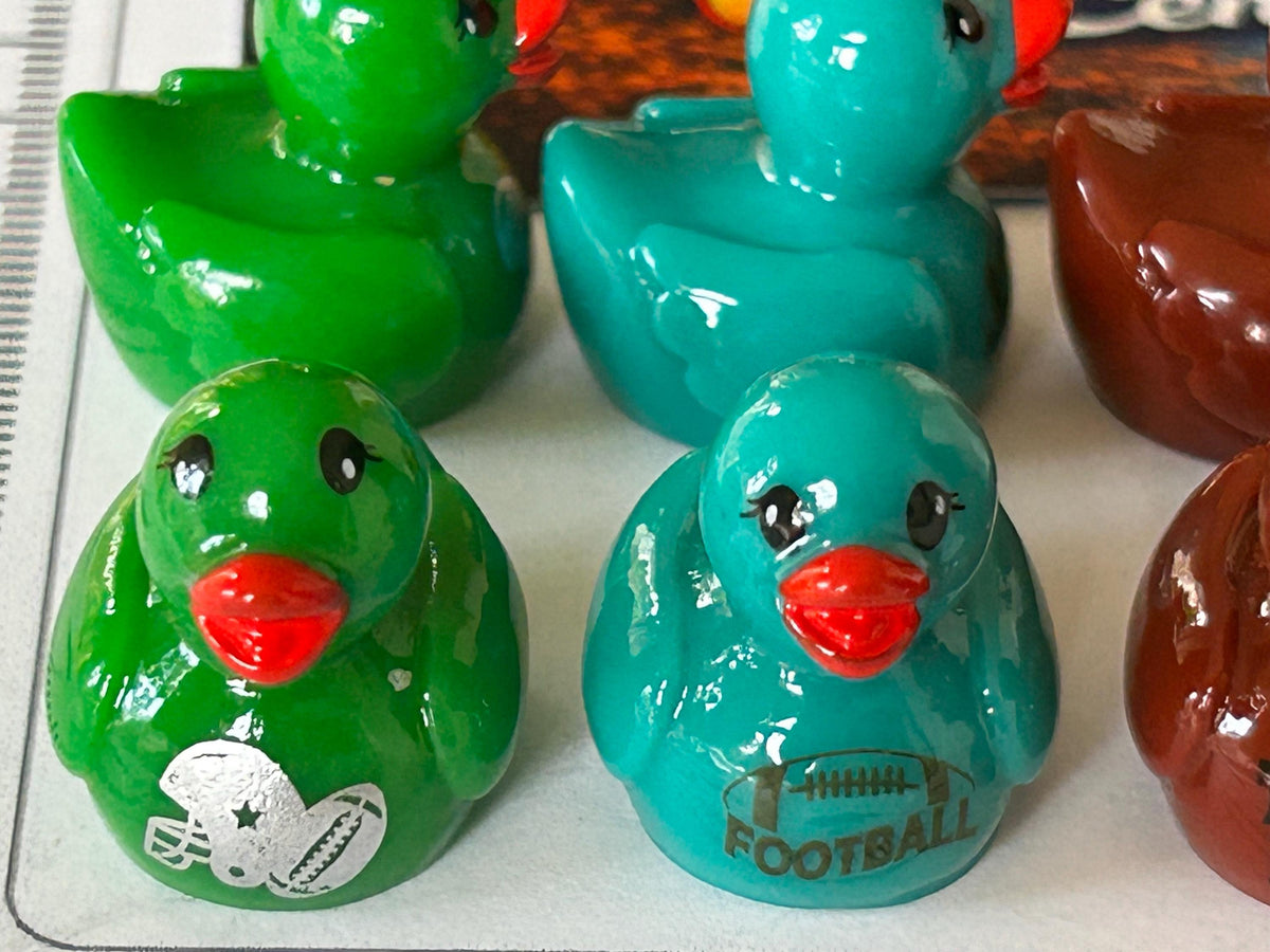 Set of 8, Larger Football Themed Mini Resin Ducks, Magnetic or Non-Magnetic, Optional Personalized Duck Hiding Tags