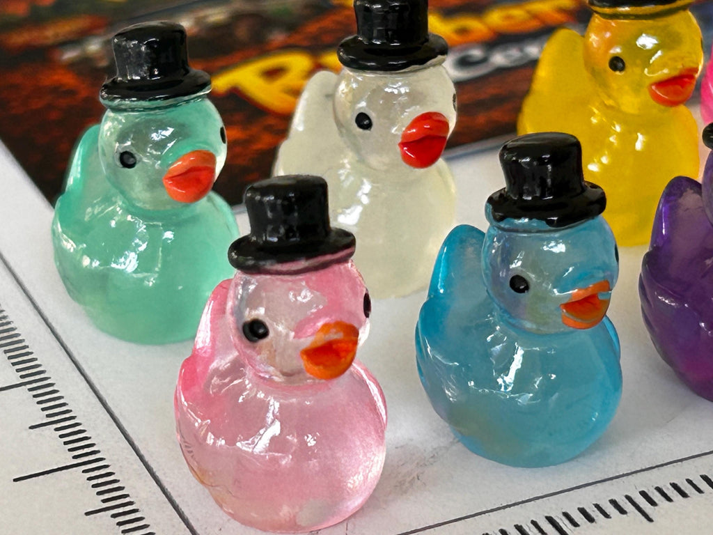 Set of 8, Glow-in-the-Dark Top Hat Themed Mini Resin Ducks, Magnetic or Non-Magnetic, Optional Personalized Duck Hiding Tags