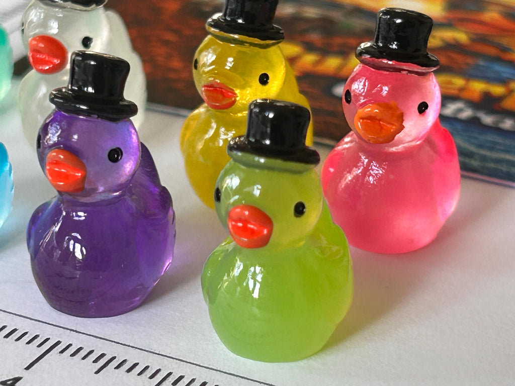 Set of 8, Glow-in-the-Dark Top Hat Themed Mini Resin Ducks, Magnetic or Non-Magnetic, Optional Personalized Duck Hiding Tags
