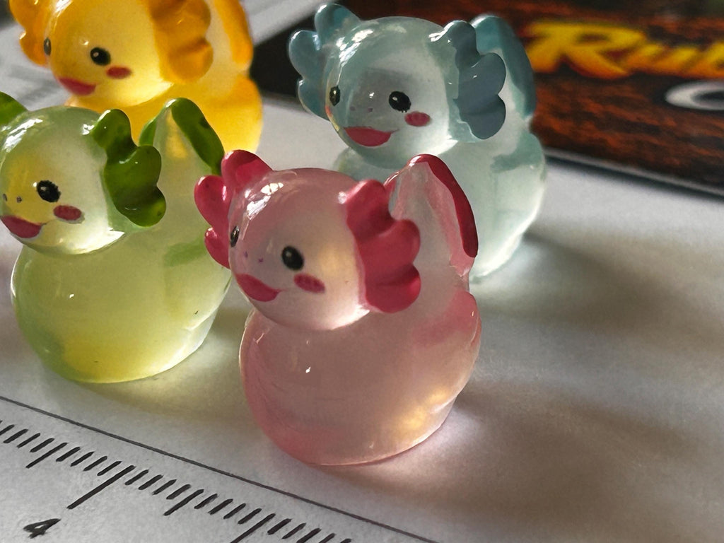 Set of 5, Glow-in-the-Dark Colorful Axolotl Themed Mini Resin Ducks, Magnetic or Non-Magnetic, Optional Personalized Duck Hiding Tags
