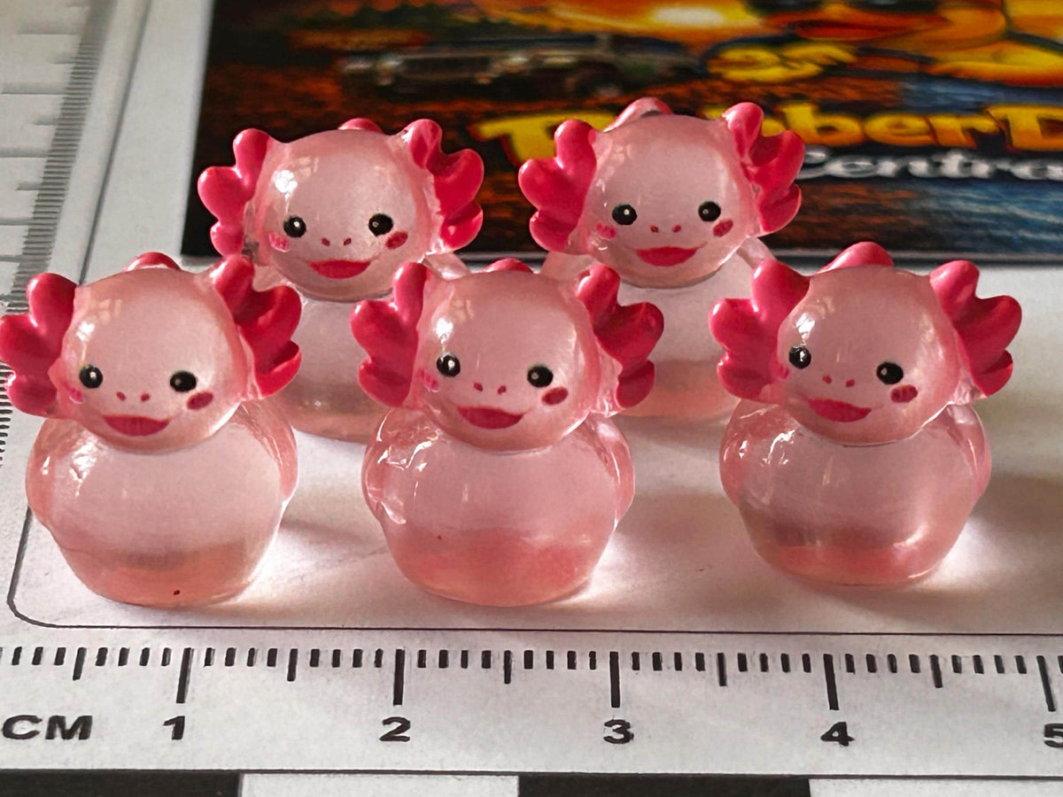 Set of 5, Glow-in-the-Dark Pink Axolotl Themed Mini Resin Ducks, Magnetic or Non-Magnetic, Optional Personalized Duck Hiding Tags