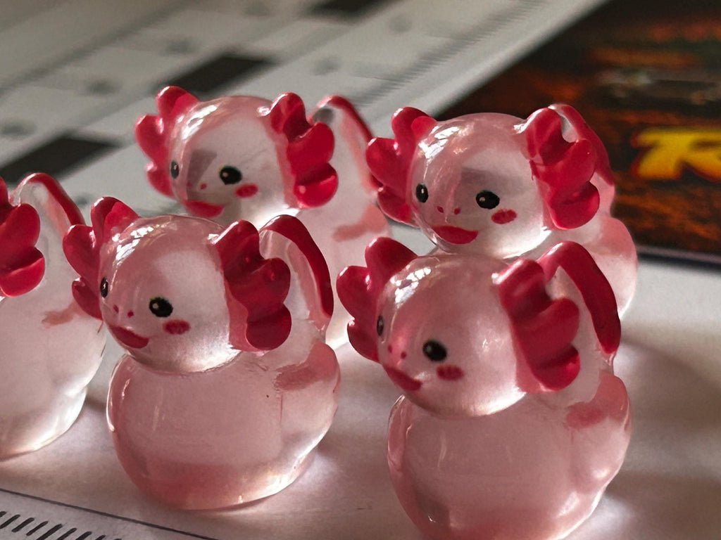 Set of 5, Glow-in-the-Dark Pink Axolotl Themed Mini Resin Ducks, Magnetic or Non-Magnetic, Optional Personalized Duck Hiding Tags