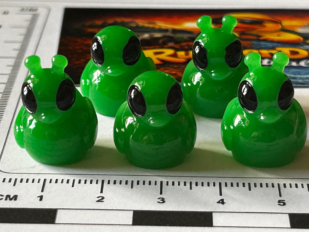 Set of 5, Green Alien Themed Mini Resin Ducks, Magnetic or Non-Magnetic, Optional Personalized Duck Hiding Tags
