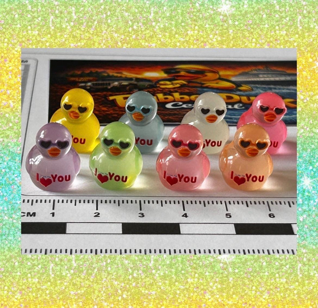 Set of 8, Glow-in-the-Dark “I Love You” Sunglasses Themed Mini Resin Ducks, Magnetic or Non-Magnetic, Optional Personalized Duck Hiding Tags