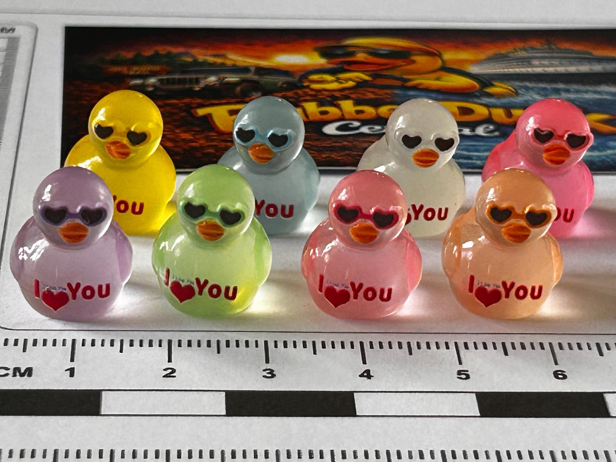 Set of 8, Glow-in-the-Dark “I Love You” Sunglasses Themed Mini Resin Ducks, Magnetic or Non-Magnetic, Optional Personalized Duck Hiding Tags