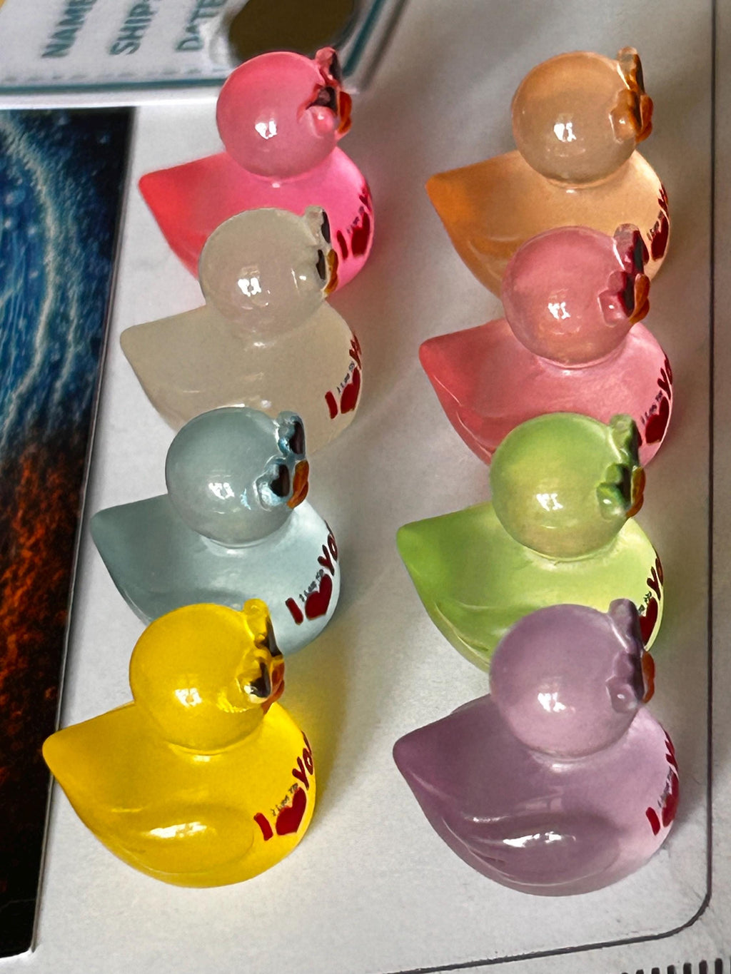 Set of 8, Glow-in-the-Dark “I Love You” Sunglasses Themed Mini Resin Ducks, Magnetic or Non-Magnetic, Optional Personalized Duck Hiding Tags