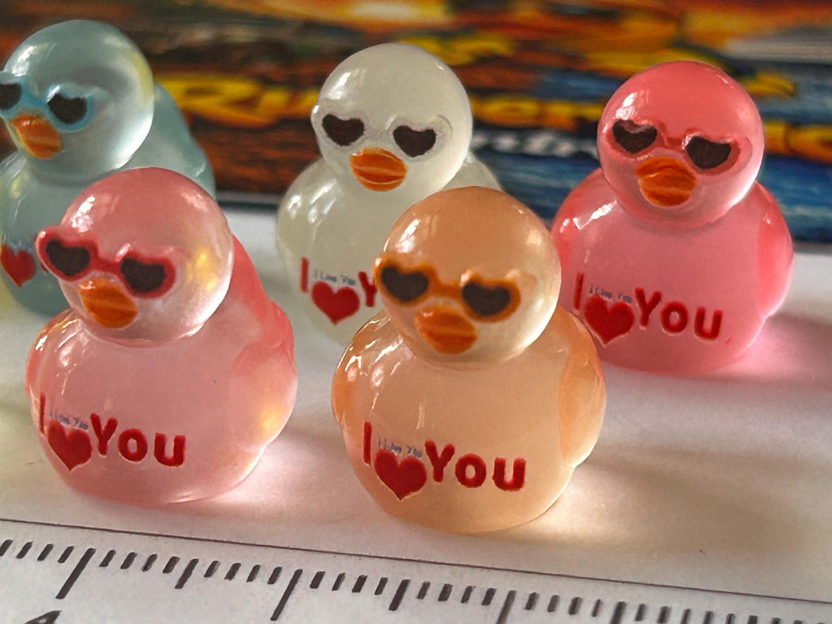 Set of 8, Glow-in-the-Dark “I Love You” Sunglasses Themed Mini Resin Ducks, Magnetic or Non-Magnetic, Optional Personalized Duck Hiding Tags