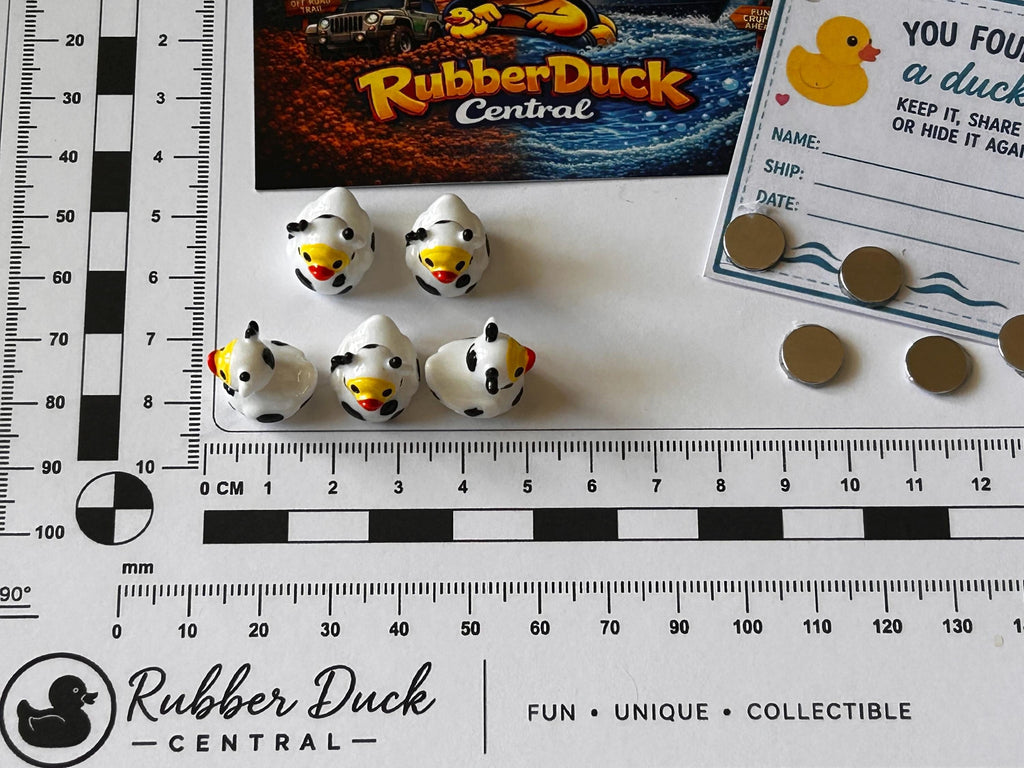 Set of 5, Cow Themed Mini Resin Ducks, Magnetic or Non-Magnetic, Optional Personalized Duck Hiding Tags