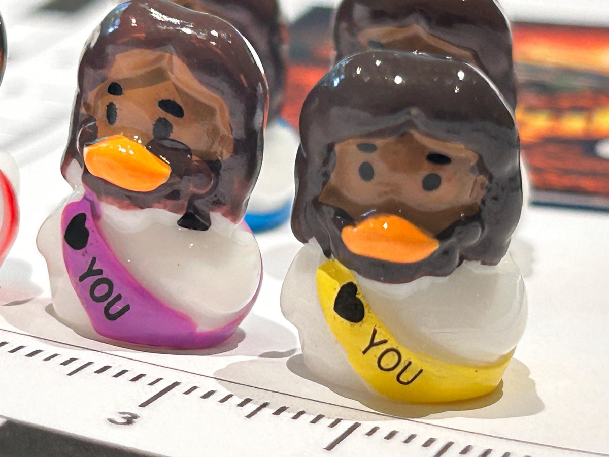 Set of 5, Brown “Jesus Lives You” Themed Mini Resin Ducks, Magnetic or Non-Magnetic, Optional Personalized Duck Hiding Tags