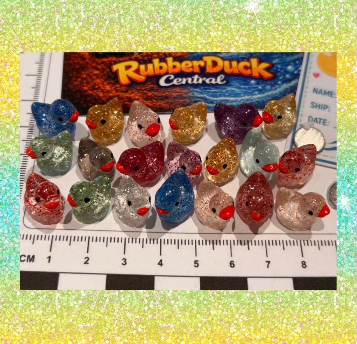 Set of 20, Glitter (assorted colors) Themed Mini Resin Ducks, Magnetic or Non-Magnetic, Optional Personalized Duck Hiding Tags