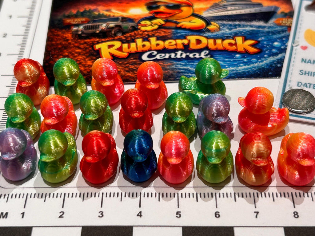 Set of 20, 3D Printed (assorted colors) Themed Mini Resin Ducks, Magnetic or Non-Magnetic, Optional Personalized Duck Hiding Tags