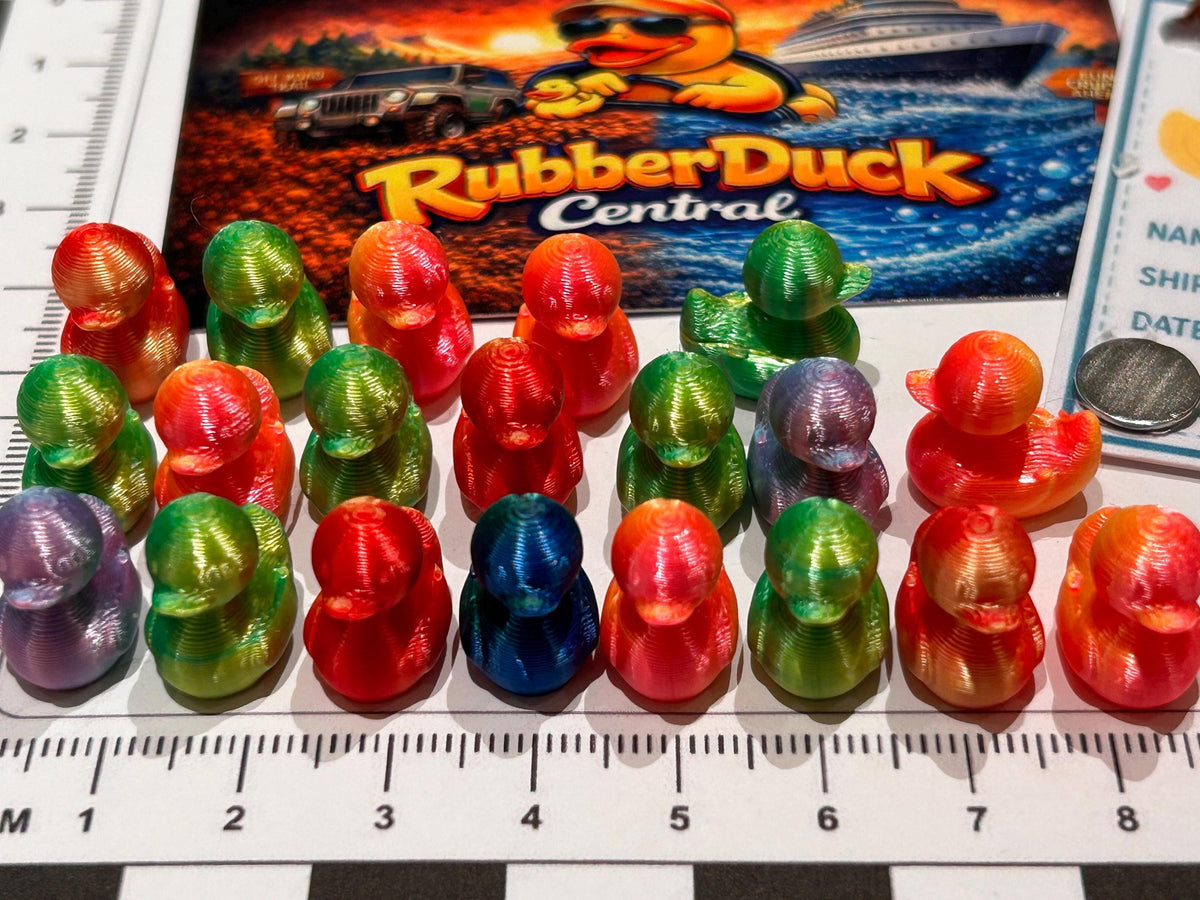 Set of 20, 3D Printed (assorted colors) Themed Mini Resin Ducks, Magnetic or Non-Magnetic, Optional Personalized Duck Hiding Tags