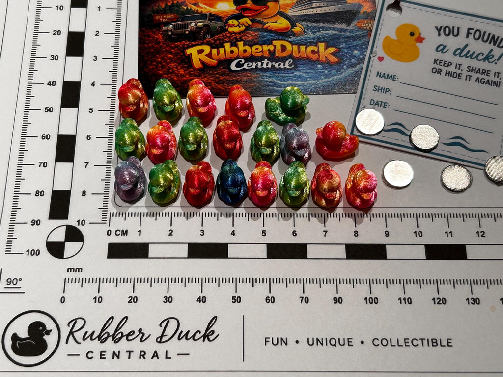 Set of 20, 3D Printed (assorted colors) Themed Mini Resin Ducks, Magnetic or Non-Magnetic, Optional Personalized Duck Hiding Tags