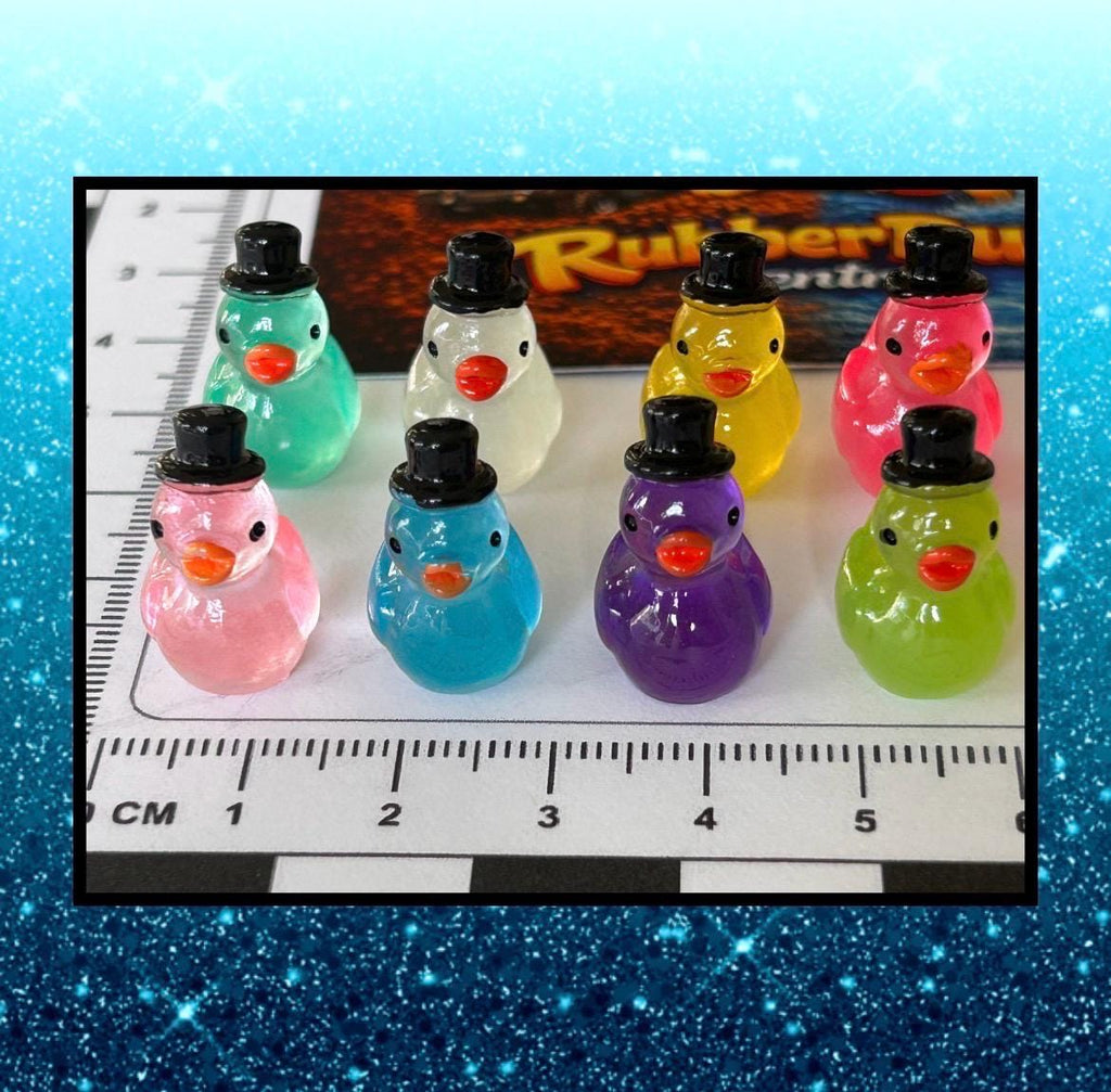Set of 8, Glow-in-the-Dark Top Hat Themed Mini Resin Ducks, Magnetic or Non-Magnetic, Optional Personalized Duck Hiding Tags