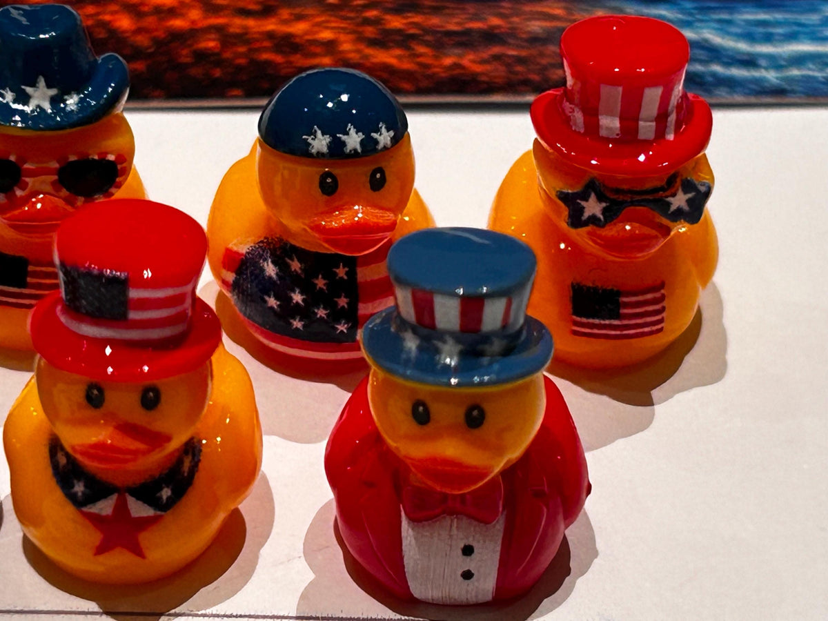 Set of 6, Patriotic Top Hat Themed Mini Resin Ducks, Magnetic or Non-Magnetic, Optional Personalized Duck Hiding Tags