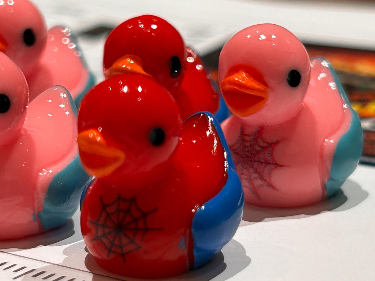 Set of 6, Spider Man and Woman Themed Mini Resin Ducks, Magnetic or Non-Magnetic, Optional Personalized Duck Hiding Tags