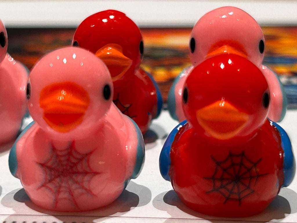 Set of 6, Spider Man and Woman Themed Mini Resin Ducks, Magnetic or Non-Magnetic, Optional Personalized Duck Hiding Tags