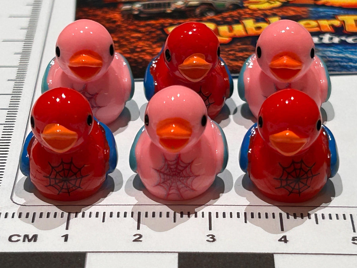 Set of 6, Spider Man and Woman Themed Mini Resin Ducks, Magnetic or Non-Magnetic, Optional Personalized Duck Hiding Tags