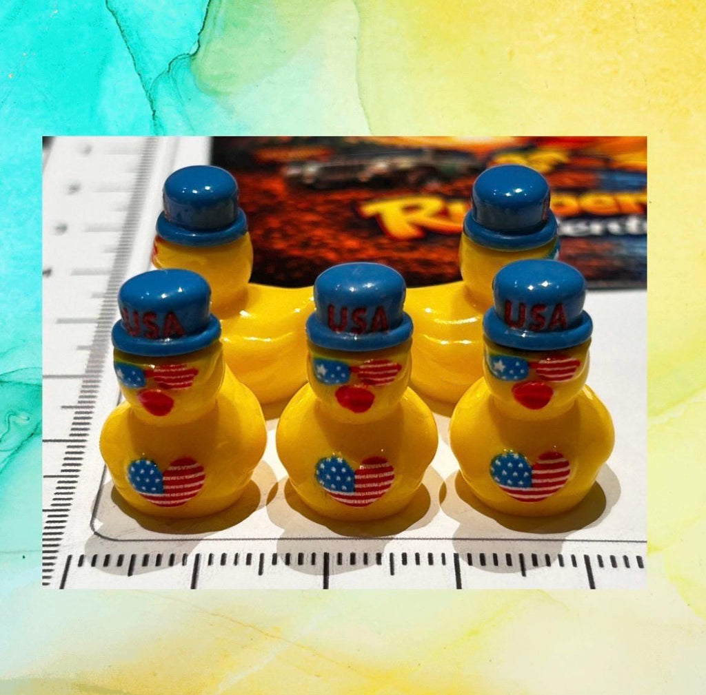 Set of 5, Yellow Patriotic American Flag Themed Mini Resin Ducks, Magnetic or Non-Magnetic, Optional Personalized Duck Hiding Tags