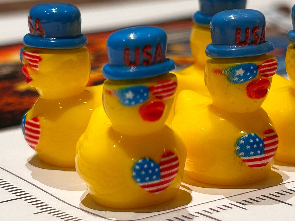 Set of 5, Yellow Patriotic American Flag Themed Mini Resin Ducks, Magnetic or Non-Magnetic, Optional Personalized Duck Hiding Tags