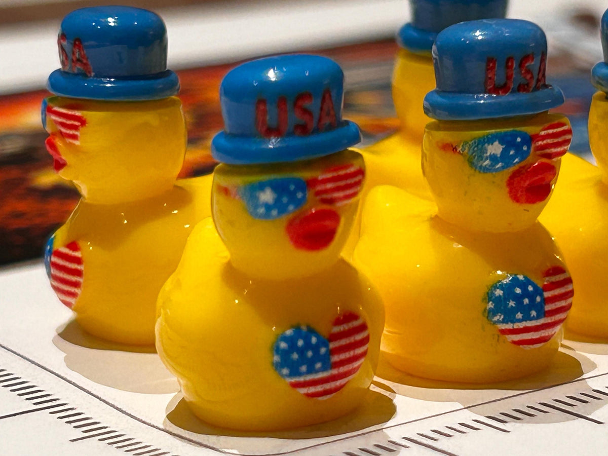 Set of 5, Yellow Patriotic American Flag Themed Mini Resin Ducks, Magnetic or Non-Magnetic, Optional Personalized Duck Hiding Tags