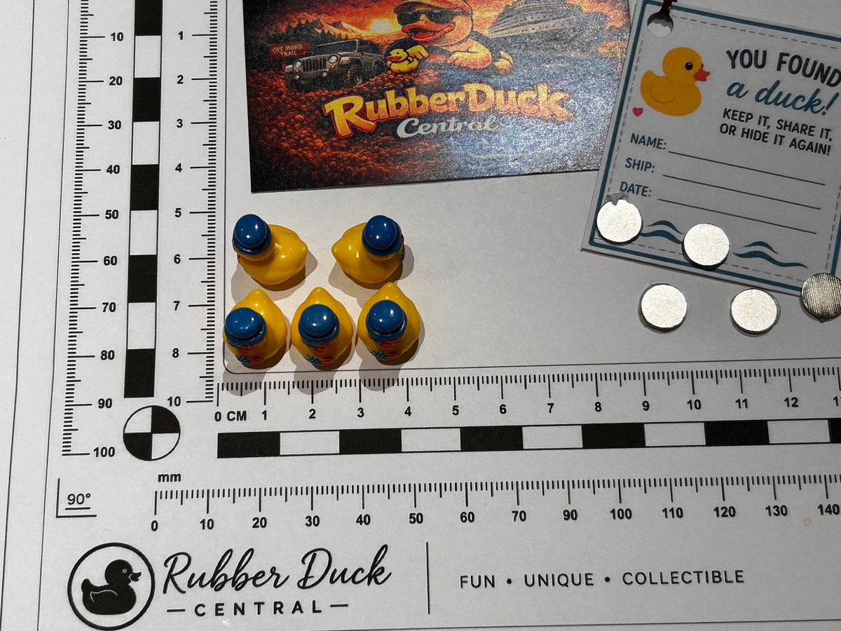Set of 5, Yellow Patriotic American Flag Themed Mini Resin Ducks, Magnetic or Non-Magnetic, Optional Personalized Duck Hiding Tags