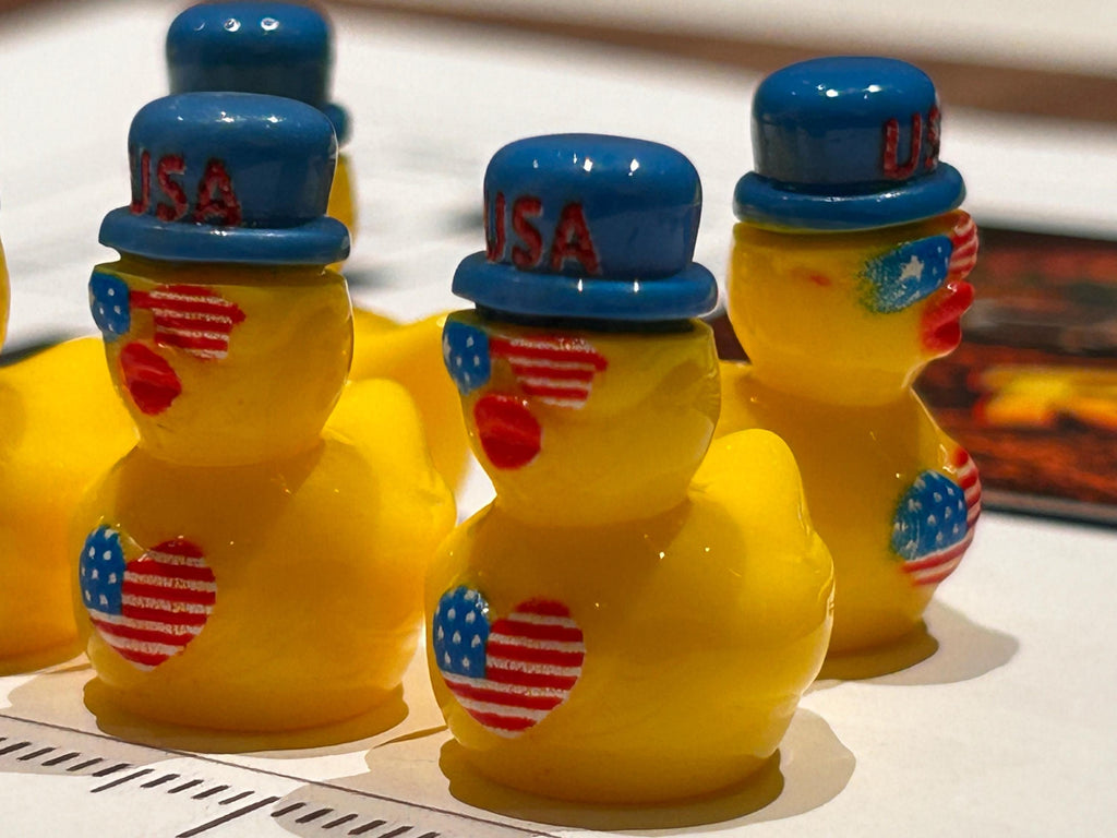 Set of 5, Yellow Patriotic American Flag Themed Mini Resin Ducks, Magnetic or Non-Magnetic, Optional Personalized Duck Hiding Tags