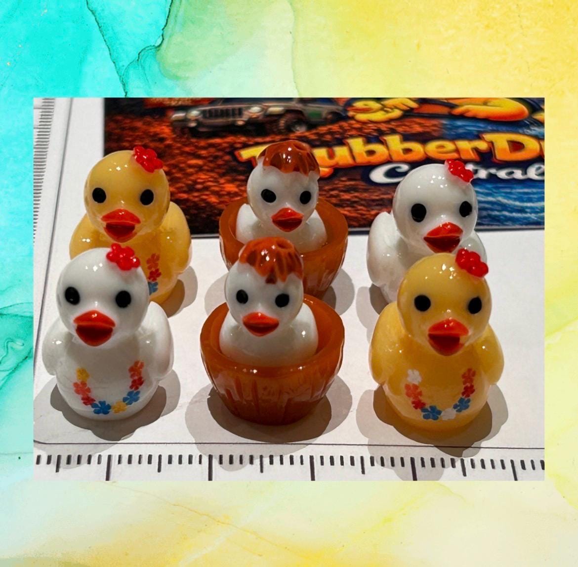 Set of 6, Hawaiian Leis and Coconuts Themed Mini Resin Ducks, Magnetic or Non-Magnetic, Optional Personalized Duck Hiding Tags