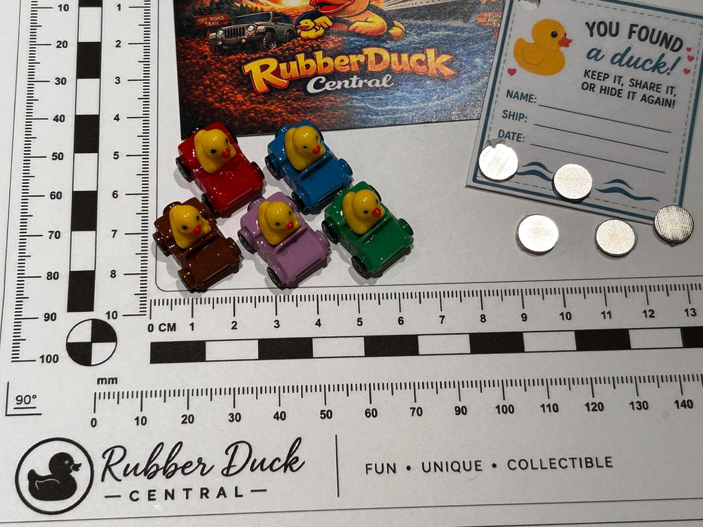 Set of 5, Ducks in Cars/Jeeps Themed Mini Resin Ducks, Magnetic or Non-Magnetic, Optional Personalized Duck Hiding Tags