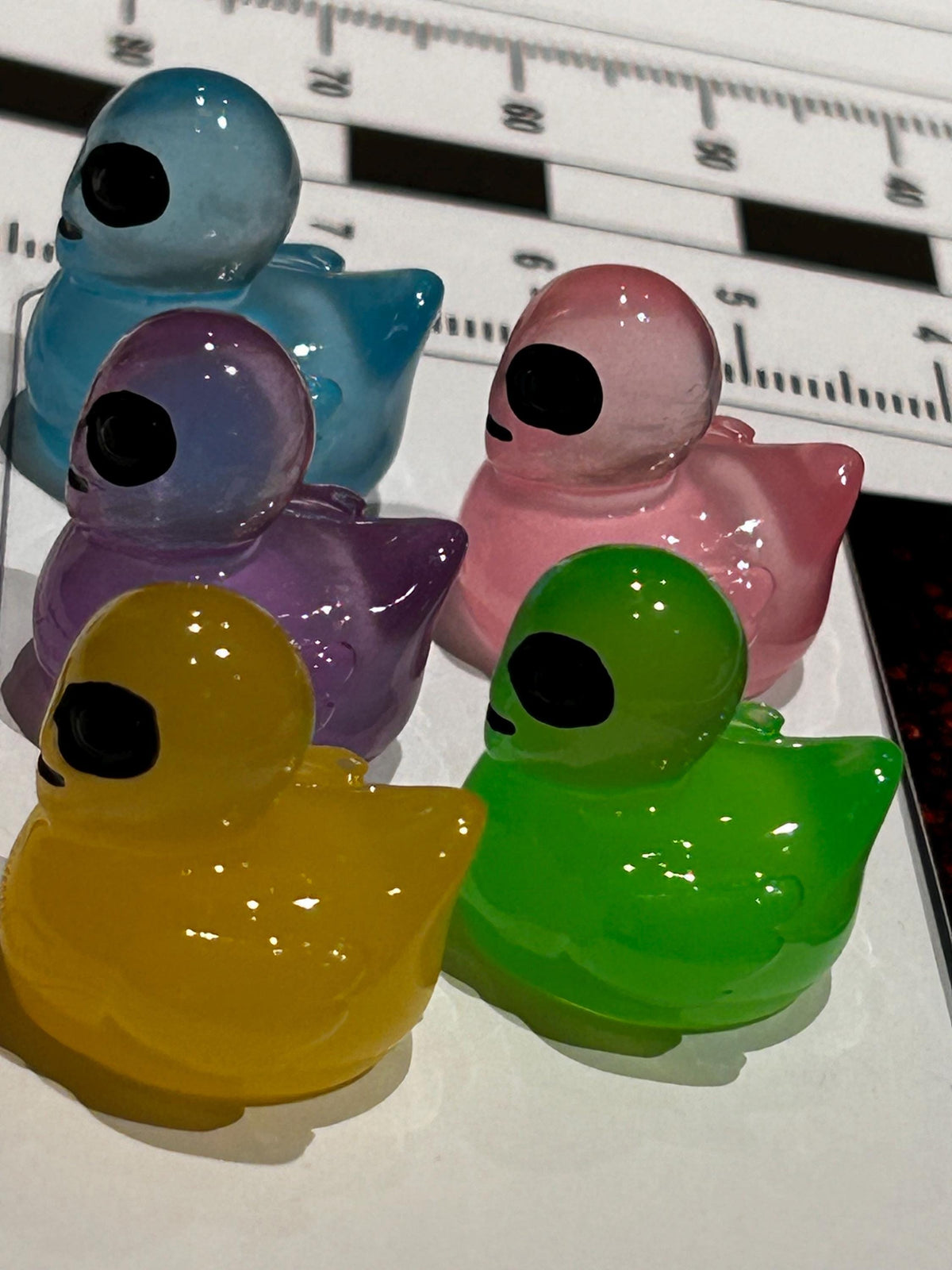 Set of 5, Glow-in-the-Dark Colorful Alien Themed Mini Resin Ducks, Magnetic or Non-Magnetic, Optional Personalized Duck Hiding Tags