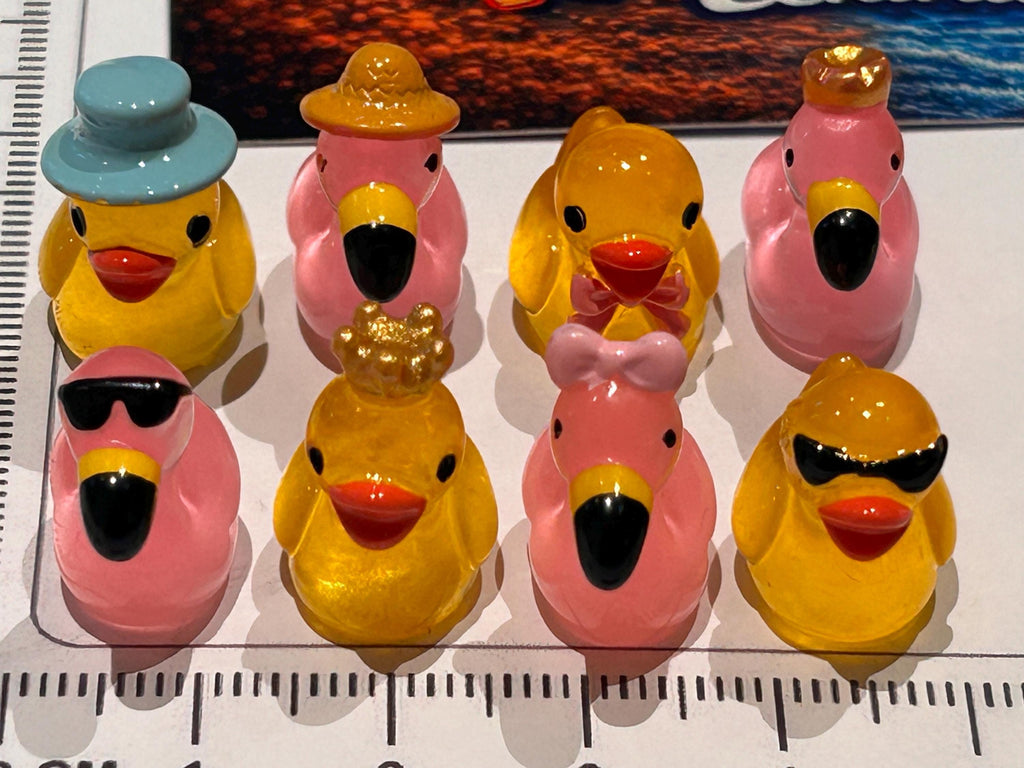 Set of 8, Glow-in-the-Dark Flamingos and Ducks Themed Mini Resin Ducks, Magnetic or Non-Magnetic, Optional Personalized Duck Hiding Tags
