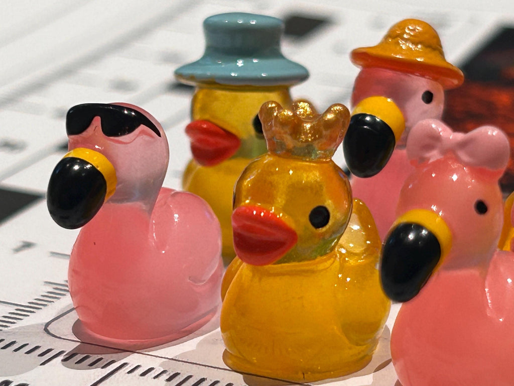 Set of 8, Glow-in-the-Dark Flamingos and Ducks Themed Mini Resin Ducks, Magnetic or Non-Magnetic, Optional Personalized Duck Hiding Tags