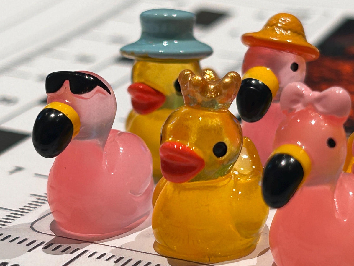 Set of 8, Glow-in-the-Dark Flamingos and Ducks Themed Mini Resin Ducks, Magnetic or Non-Magnetic, Optional Personalized Duck Hiding Tags
