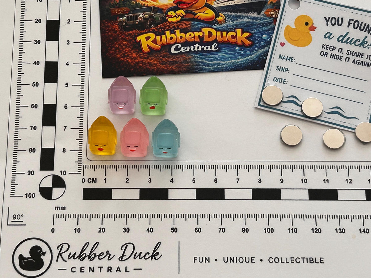 Set of 5, Glow-in-the-Dark Pixel Block Themed Mini Resin Ducks, Magnetic or Non-Magnetic, Optional Personalized Duck Hiding Tags